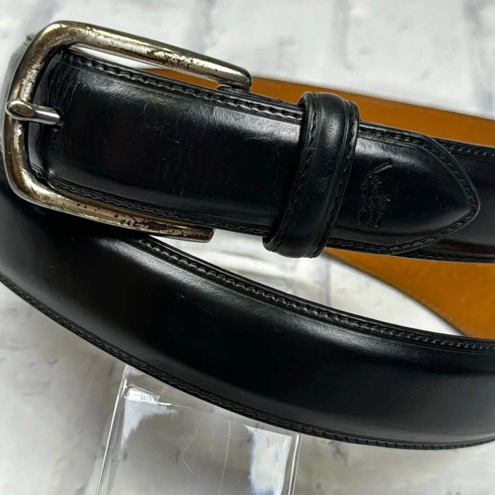Polo Ralph Lauren Genuine Leather Belt Black with Brass Buckle Horse Logo